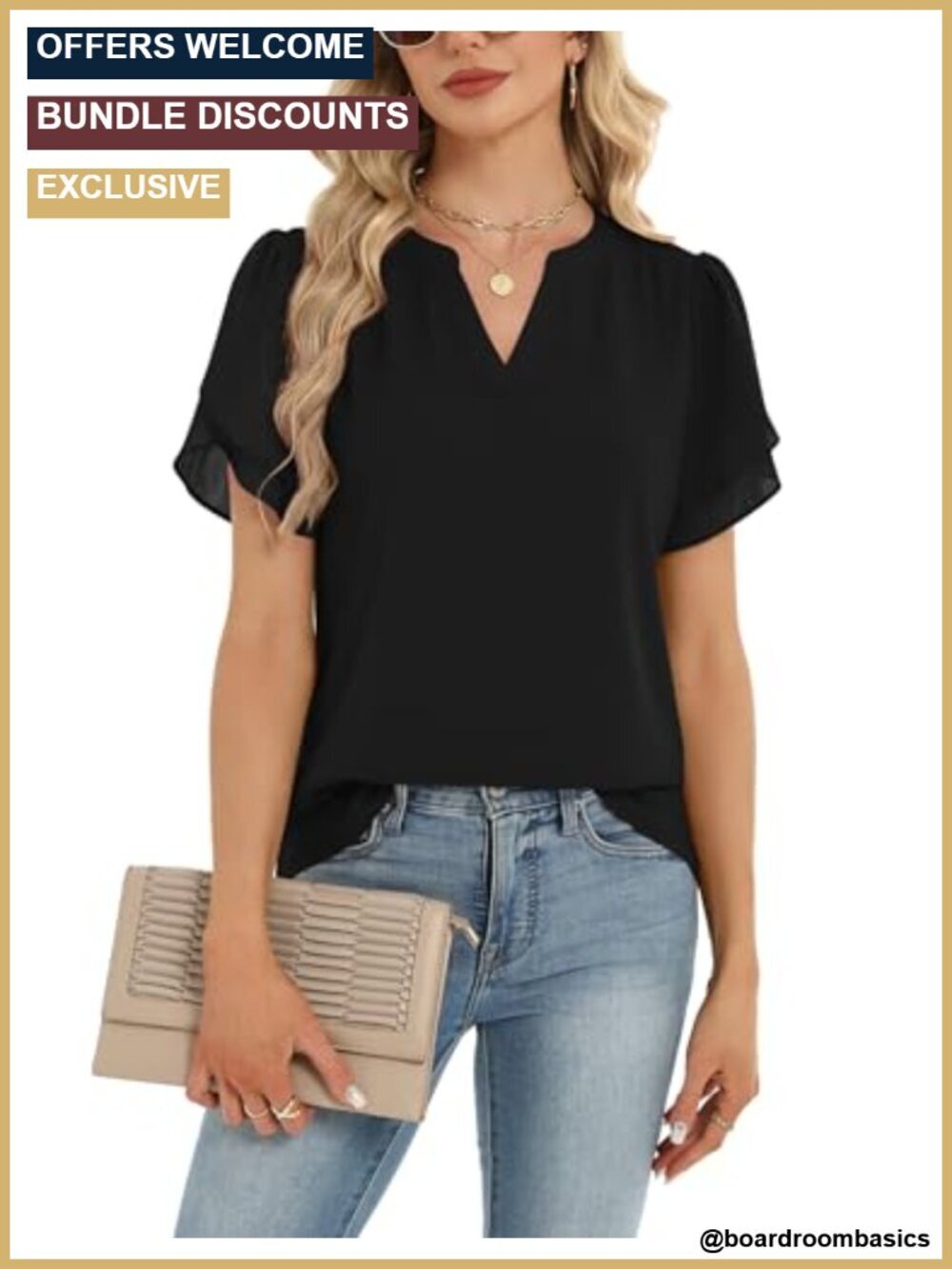 Womens Blouse V Neck Short Sleeve Petal Sleeve Flowy Work Business Casual Top - Picture 4 of 6